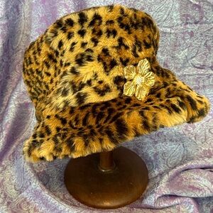 Leopard Print Faux Fur Hat with Gold Flower Removable Broach